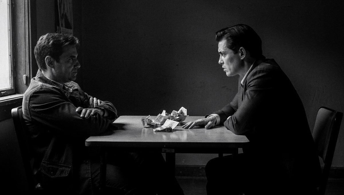 Two people in tense negotiation standoff using conflict reframing techniques