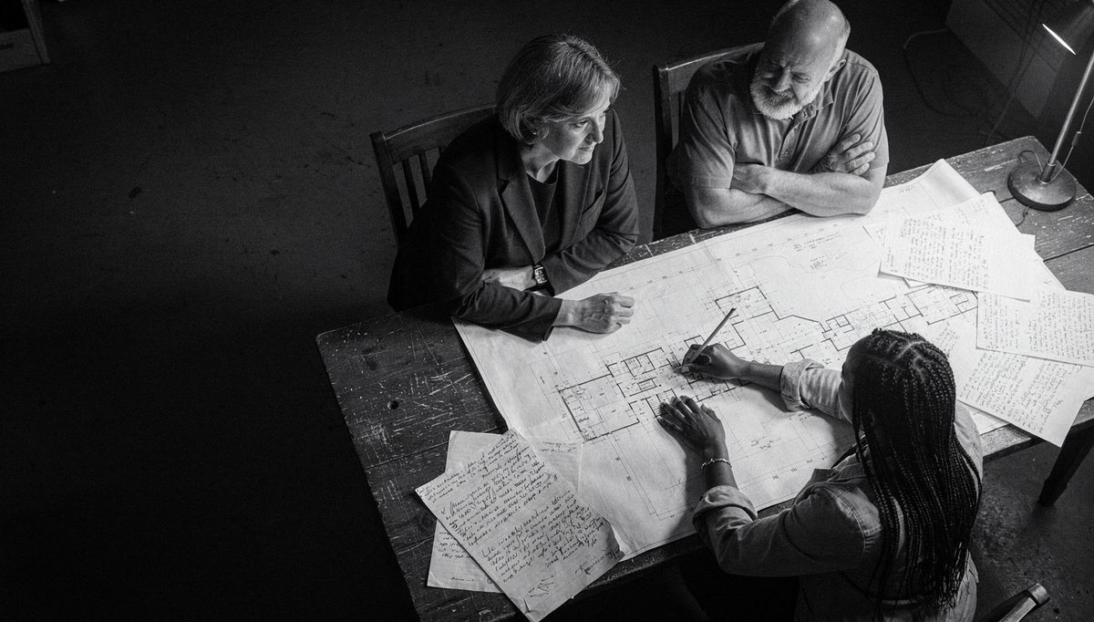 Four colleagues studying blueprints, team synergy frameworks in action