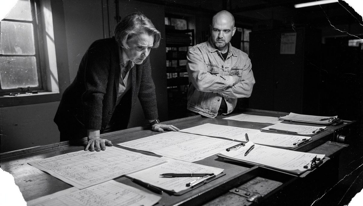 Two colleagues examining team synergy metrics on a diagnostic chart