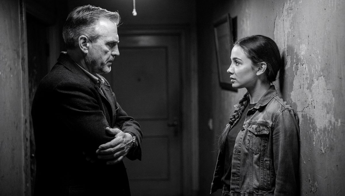 Man and woman using physical expression techniques in hallway conversation