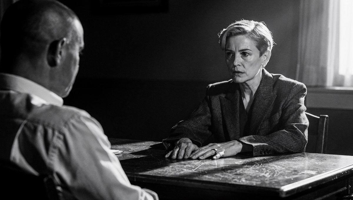 Woman with composed body language negotiation posture at table