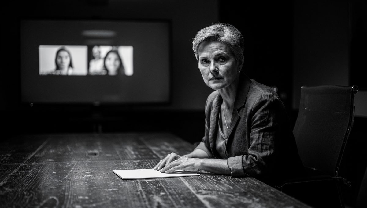 Woman at conference table holding body language hybrid meeting focus