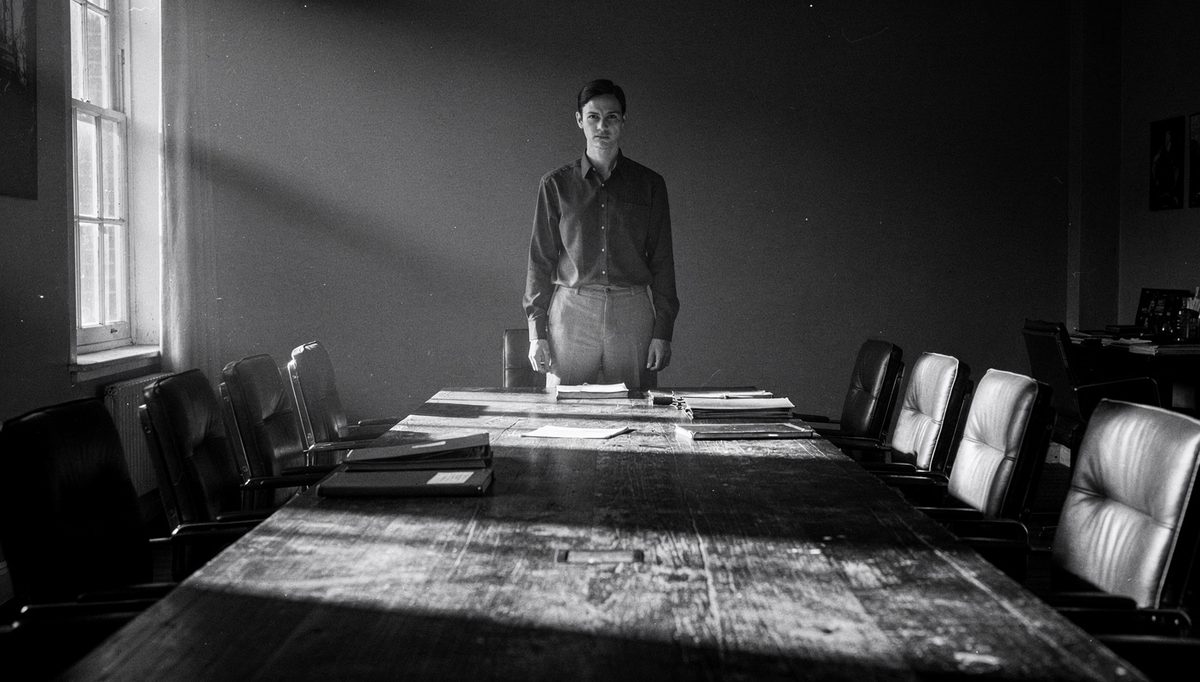 Lone figure standing in empty room, body language difference visible