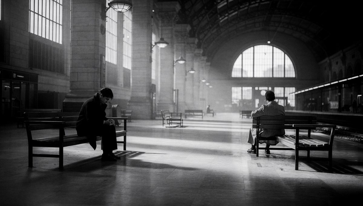 Two figures apart in station, cultural self awareness contrast