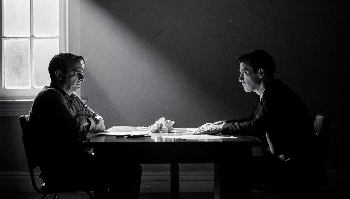 Two people in tense negotiation conflict across a narrow table