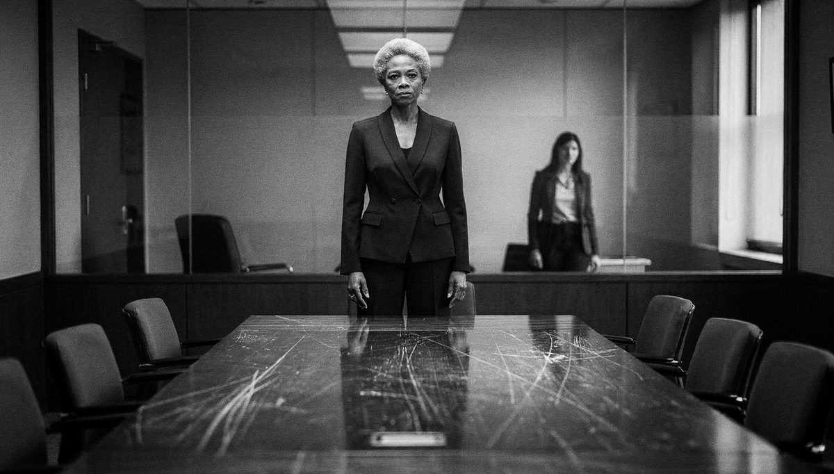 Woman demonstrating grounded stillness body language in boardroom