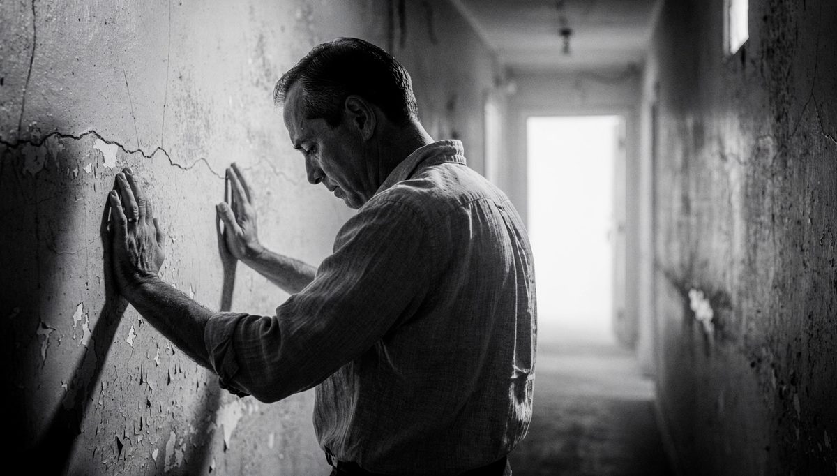 Man steeling himself in corridor showing emotional control conflict