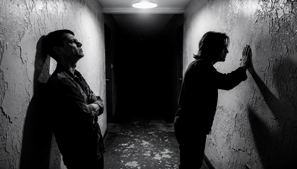 Two figures in tense standoff, body language conflict visible in posture