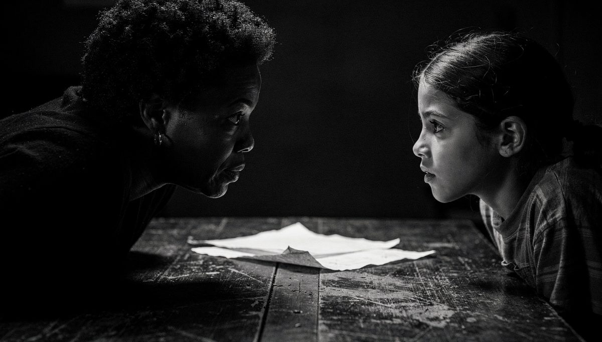 Woman and child sharing eye contact norms across table