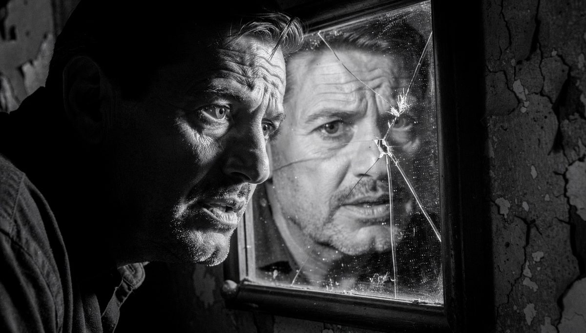 Man studying cracked reflection, self-awareness corrupted by comparing yourself to others