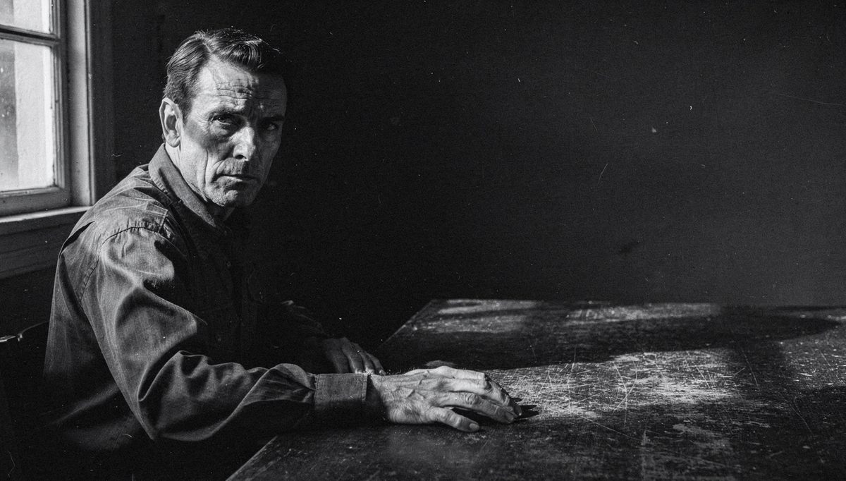 Man practicing emotional control during conflict at a wooden table