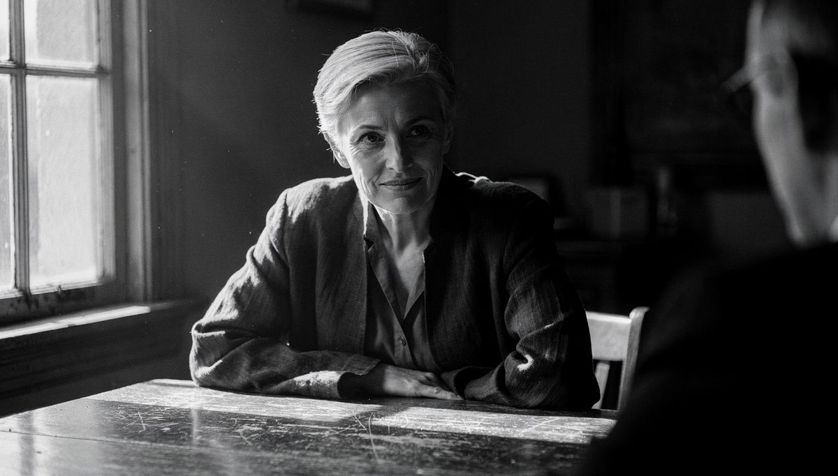 Woman delivering eye contact good news across a wooden table