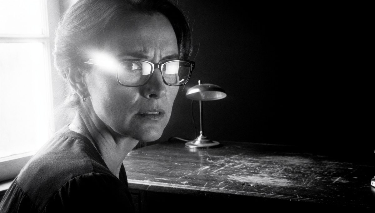 Woman with glasses and lens glare affecting gaze perception