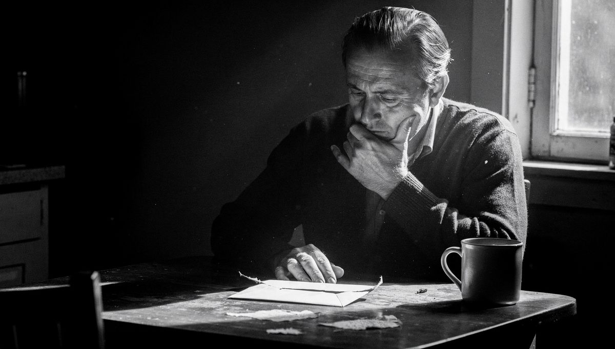 Man examining financial letter, money beliefs self-awareness moment