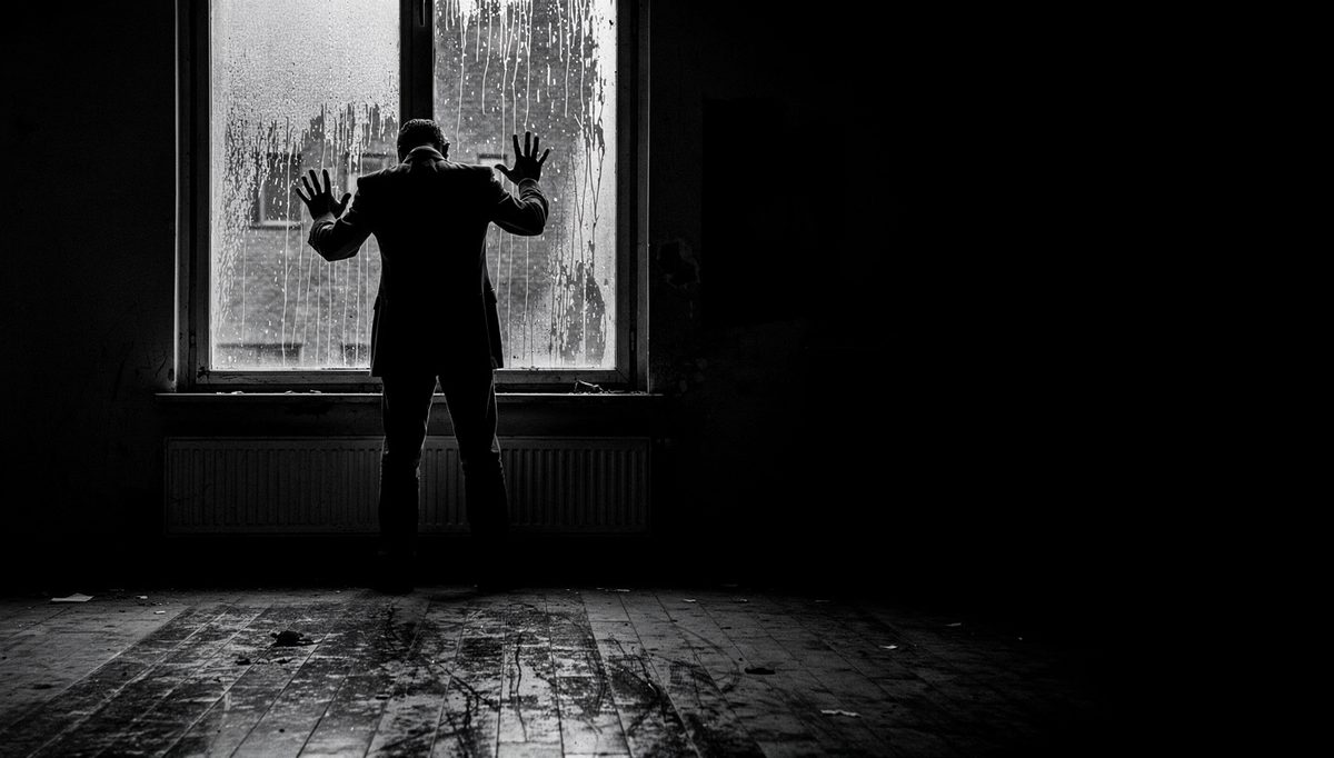 Leader at rain-streaked window reflecting on self-awareness in leadership