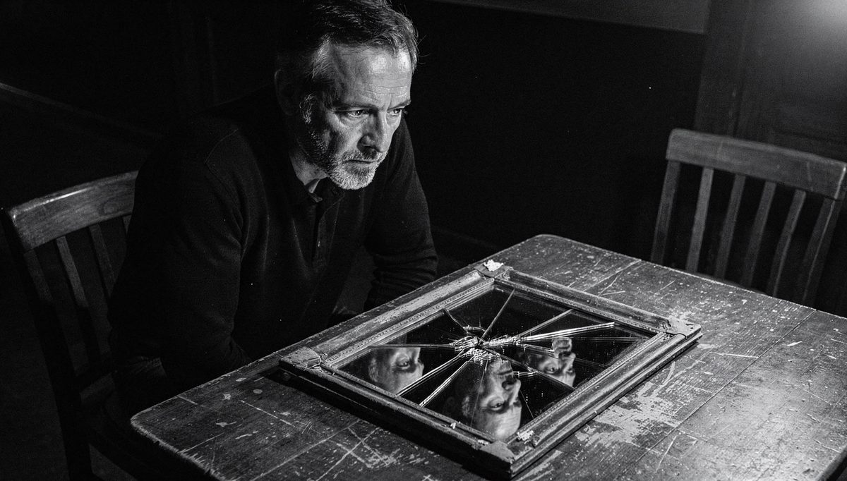 Man seeing distorted reflection, shame distorts self-perception concept