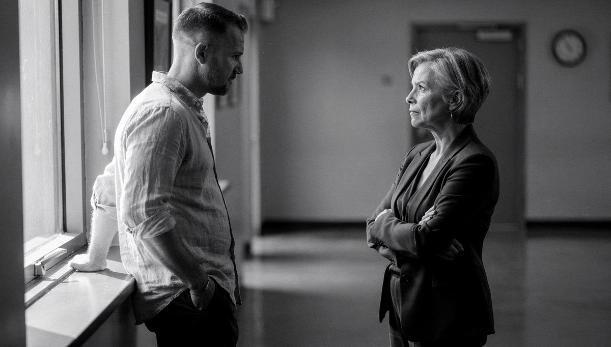 Two colleagues in tense corridor conversation, B.R.I.D.G.E. method repair