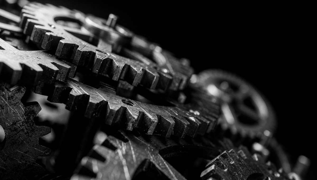Interlocking gears illustrating the confidence-competence loop in team synergy