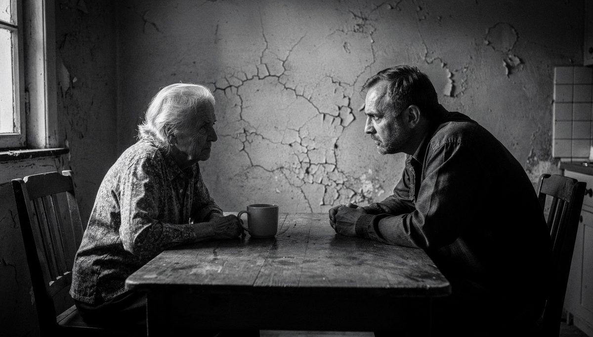 Man and elderly woman practicing patient hearing method at kitchen table