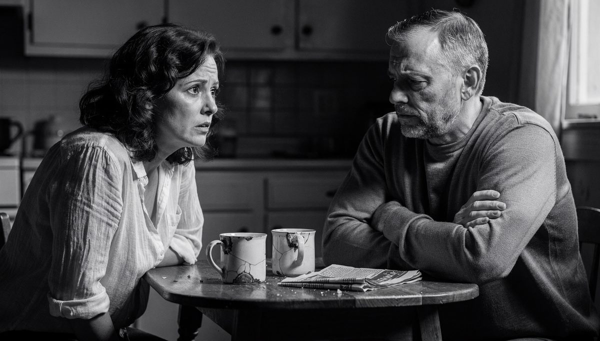 Couple at kitchen table showing patient hearing method in tense conversation