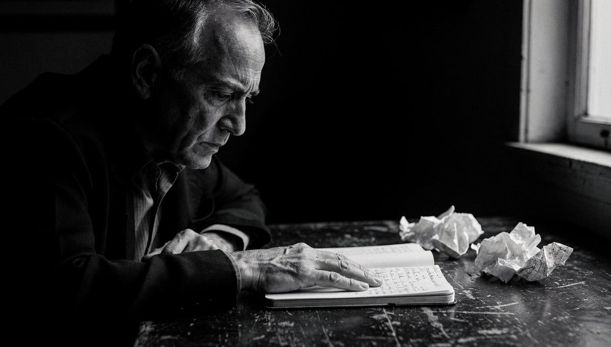 Man writing self-awareness language notes in dim editorial light