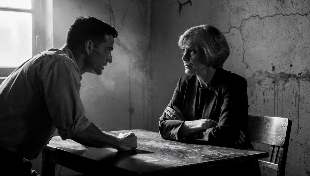 Two colleagues in tense high-stakes synergy conversation across table