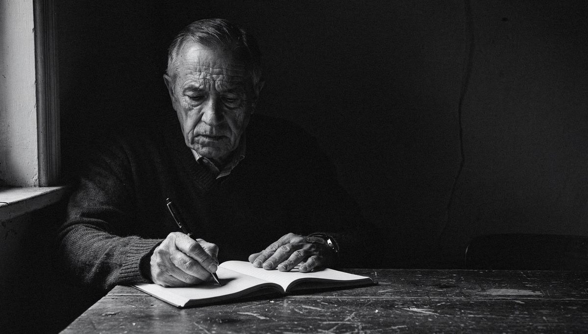 Older man writing in notebook, scripts-to-principles progression self-awareness