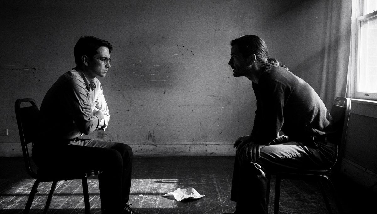 Two people in tense conversation, emotional control in conflict