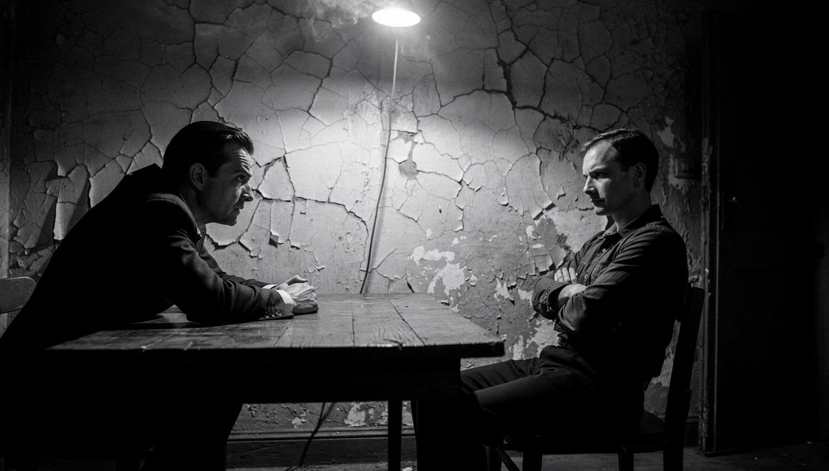 Two people in tense restorative justice mediation session, documentary style
