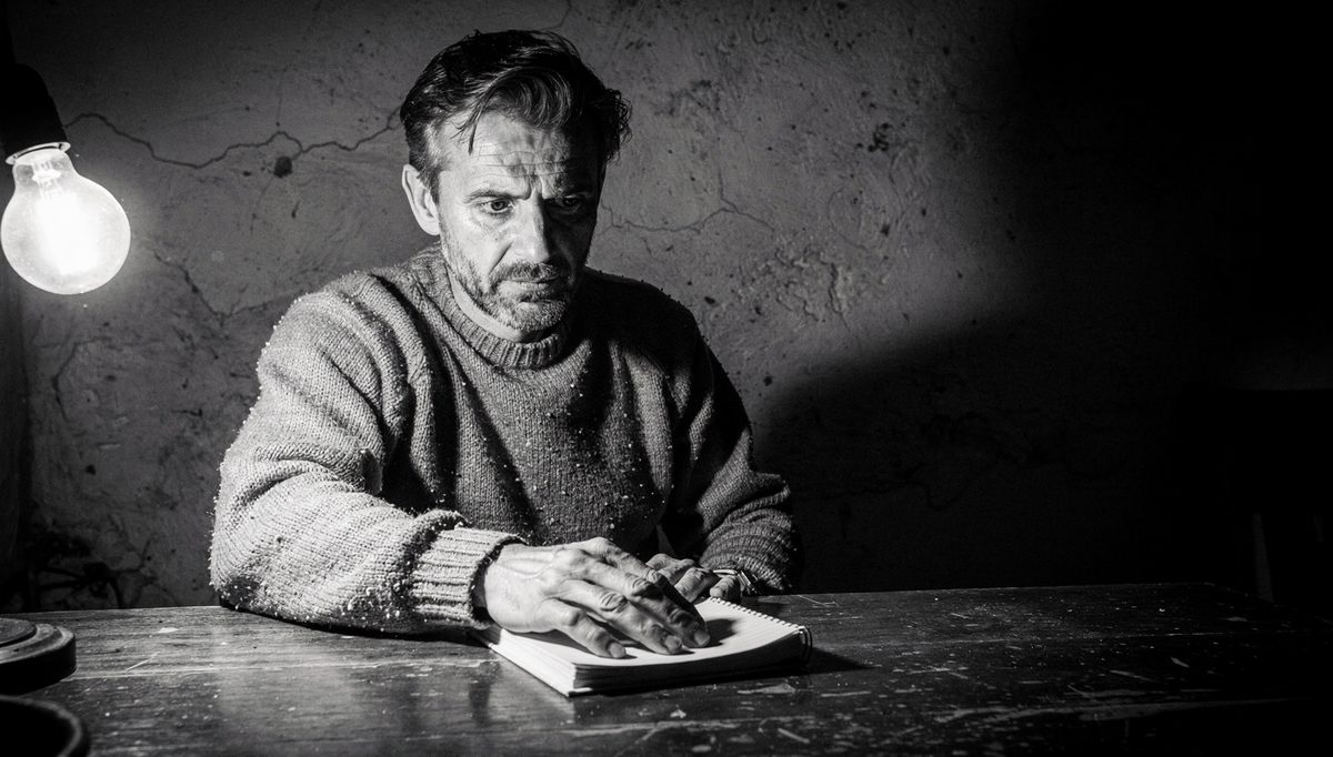 Man studying patient hearing scripts at a wooden table
