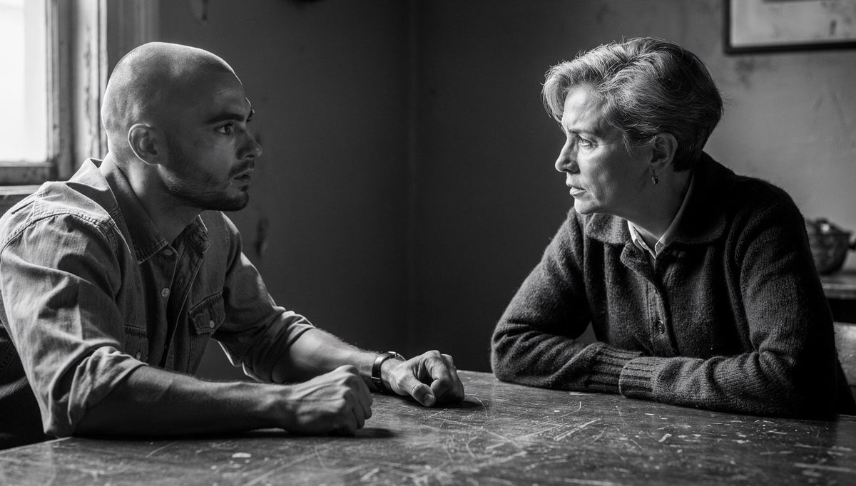 Two people in tense deliver feedback emotionally conversation