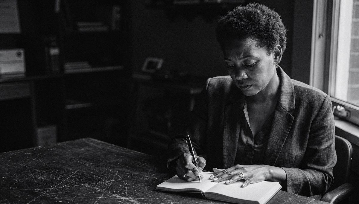 Woman writing follow up feedback notes at a wooden desk