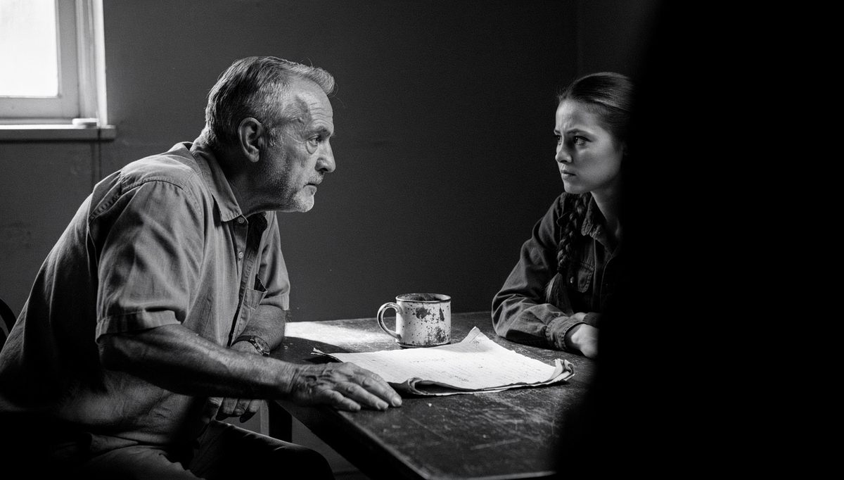 Two colleagues in tense constructive feedback conversation, black and white