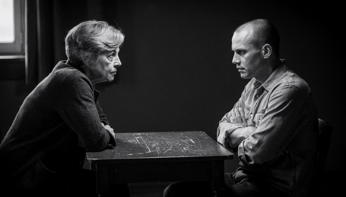 Two colleagues in tense S.B.I. method feedback conversation, black and white