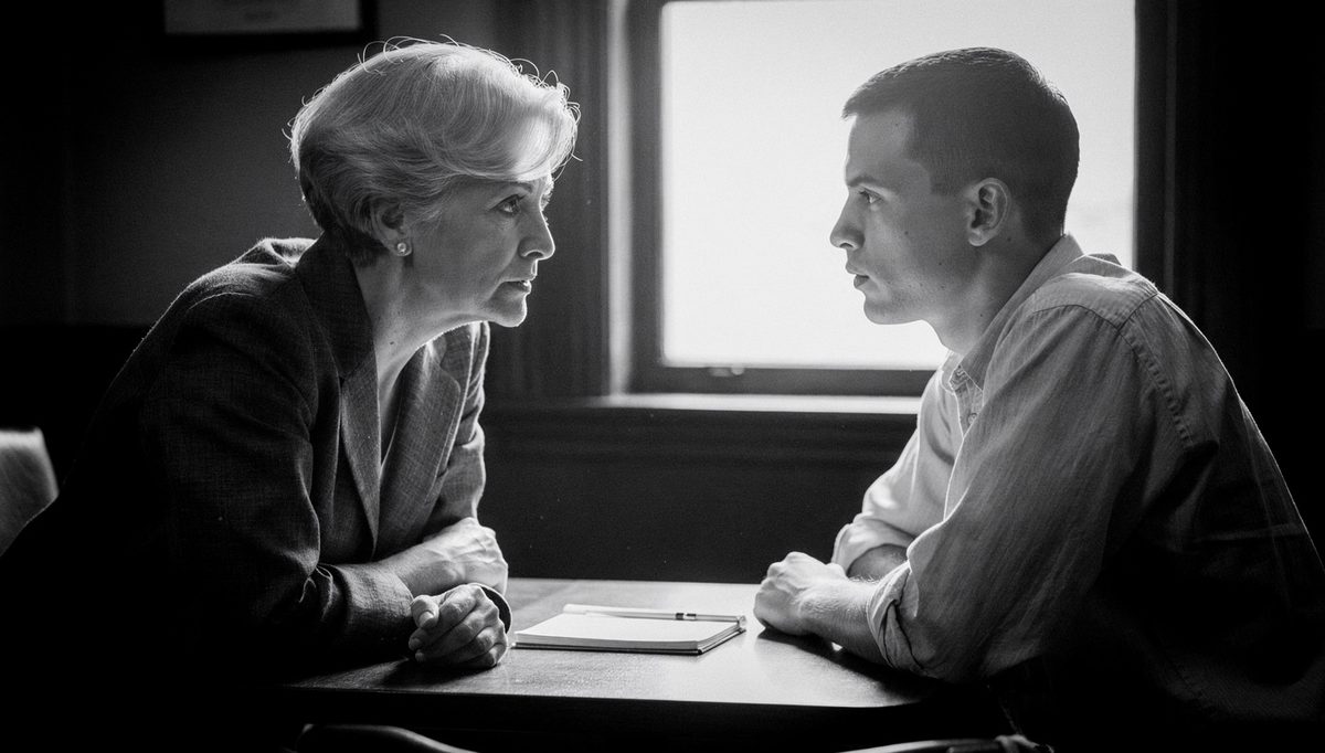 Manager giving feedback to new employee in quiet office meeting