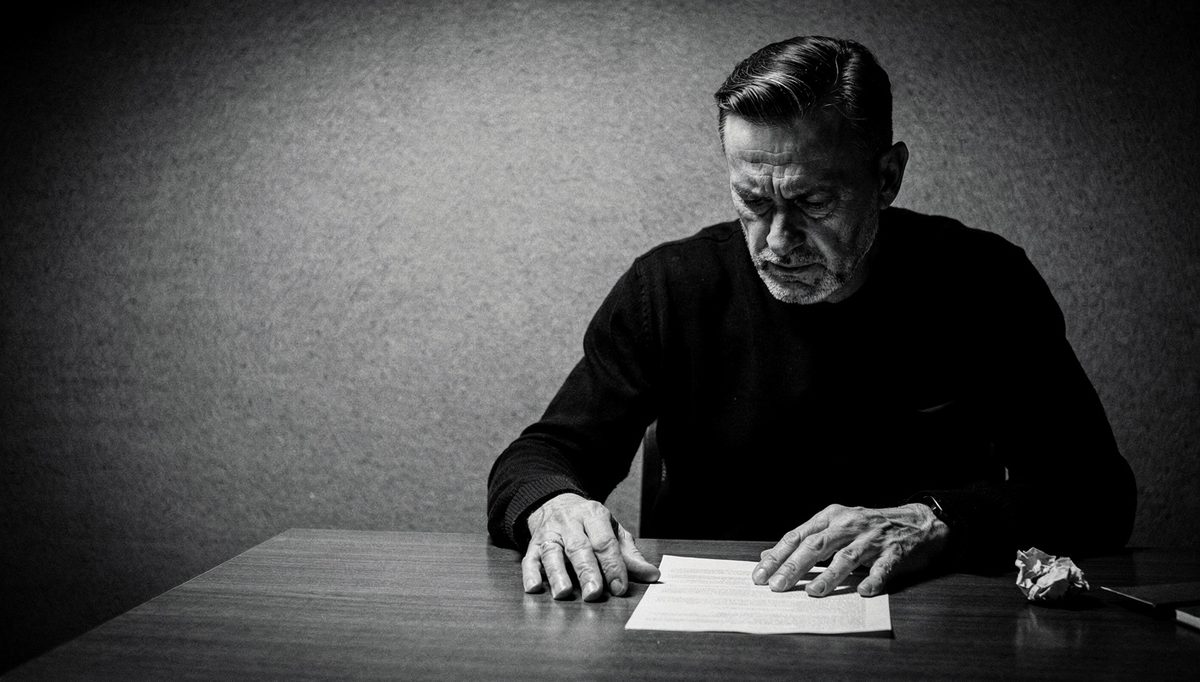 Man facing difficult conversation escalated, seated alone at desk