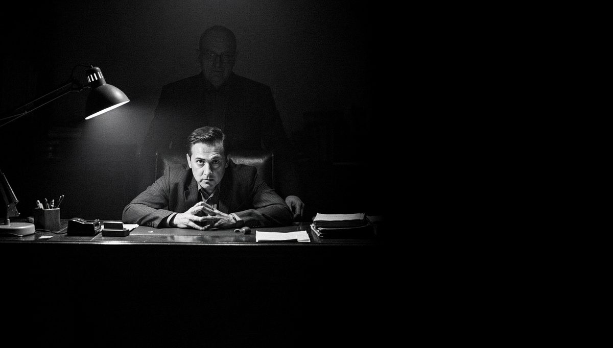 Person negotiating conflict across a table, focused gaze