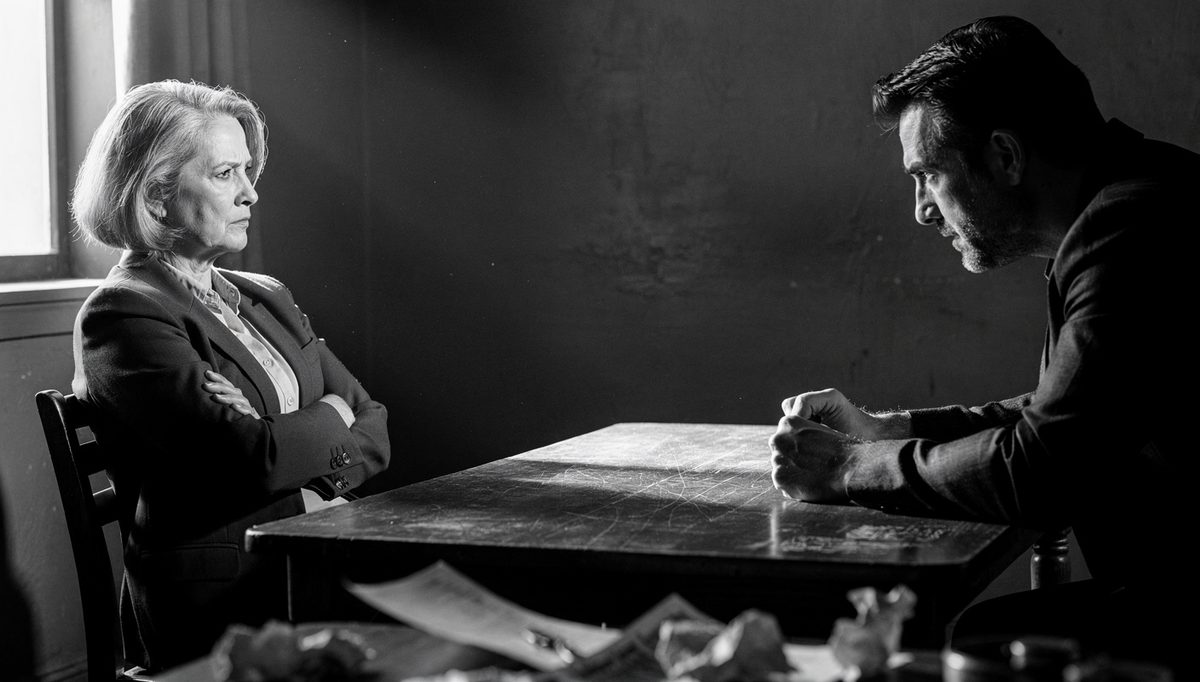 Two people in tense negotiation, manipulation and gaslighting confrontation