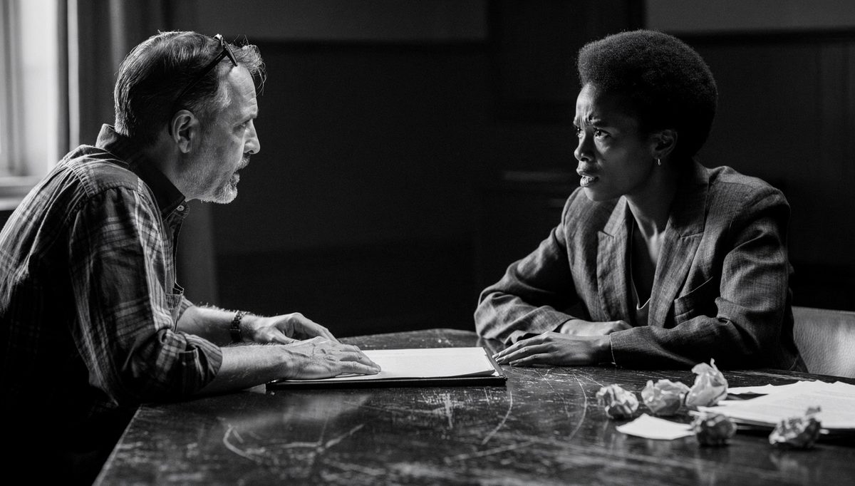 Two colleagues in tense difficult conversation about credit stealing