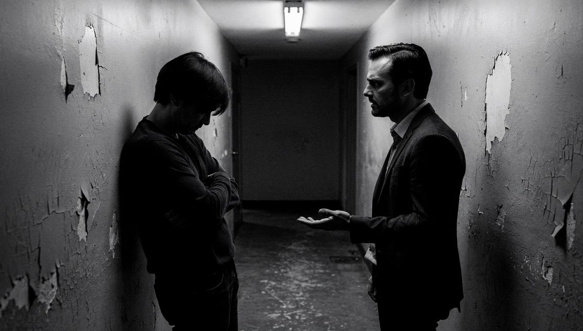 Two colleagues in tense difficult conversation, one arms folded