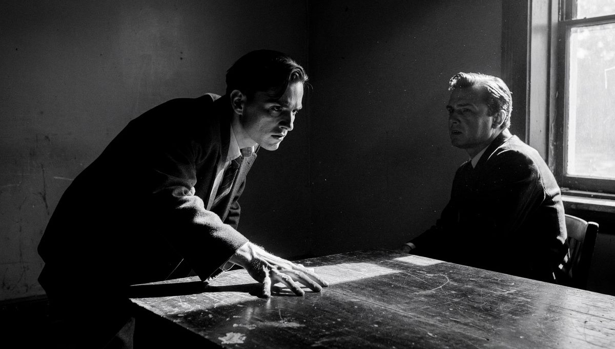 Two people in tense difficult conversation deflection moment, stark lighting