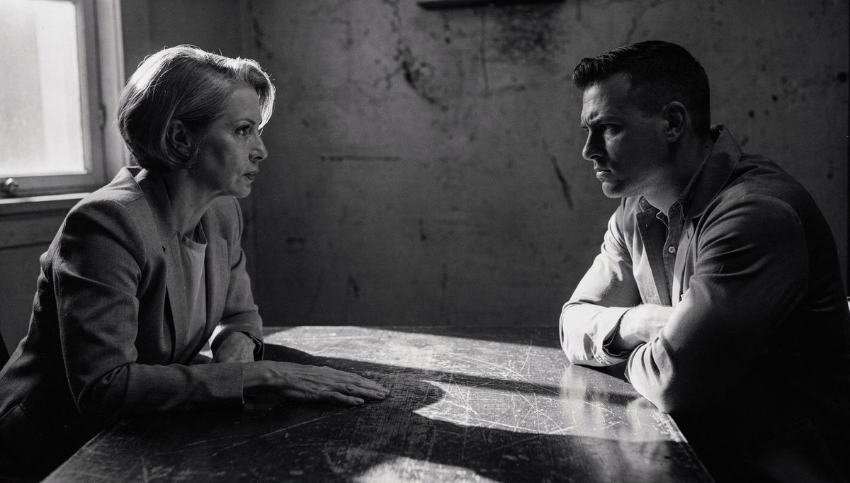 Two colleagues managing rising tension across a wooden table
