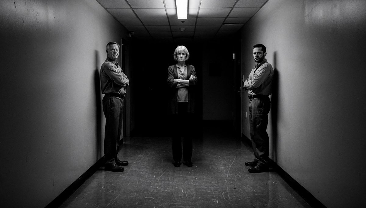 Manager standing between two colleagues during favoritism perceptions tension