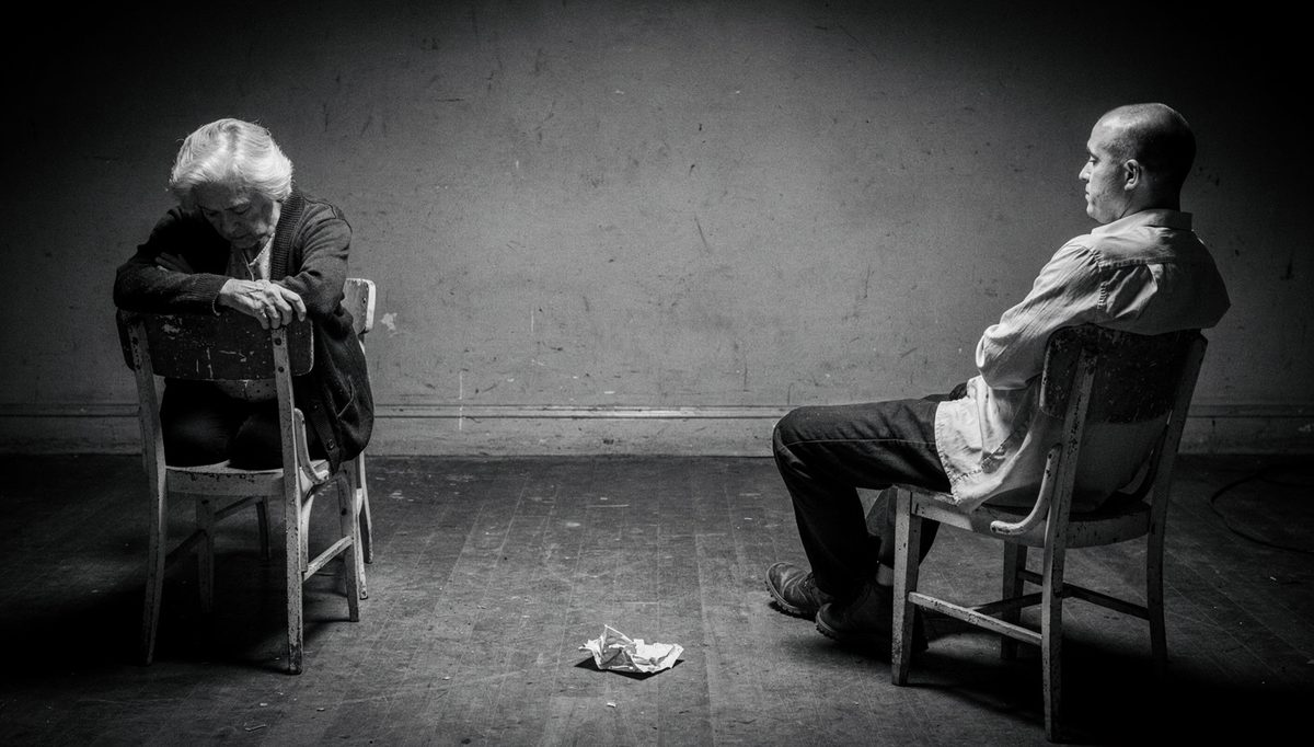 Two exhausted parties sitting apart after mediation emotional aftermath