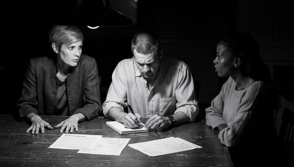 Three people at table during language barrier mediation session