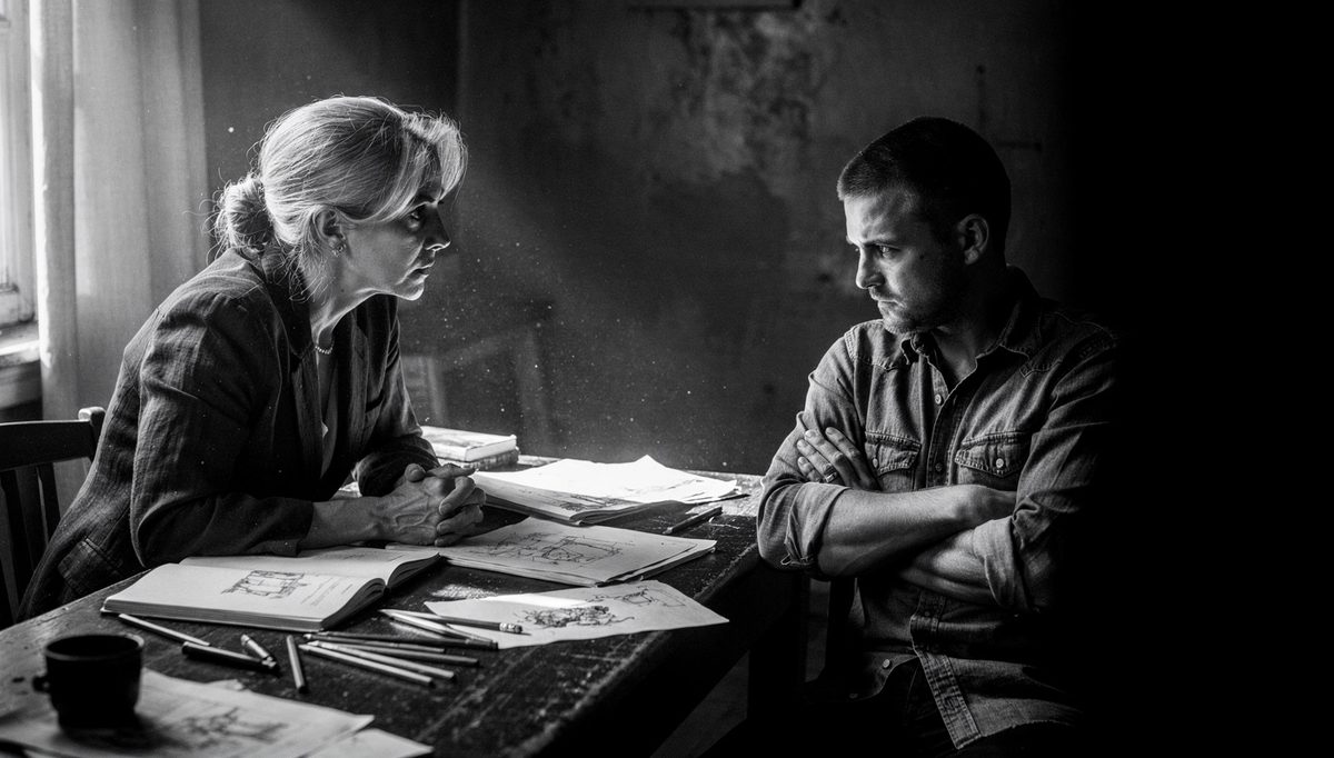 Two people in tense intellectual property mediation dispute discussion
