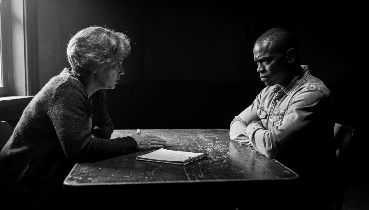 Two people in difficult conversation navigation across a table