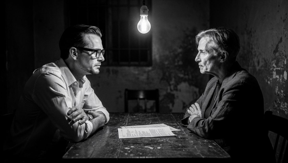 Two people in tense standoff, navigating conflict denial across table