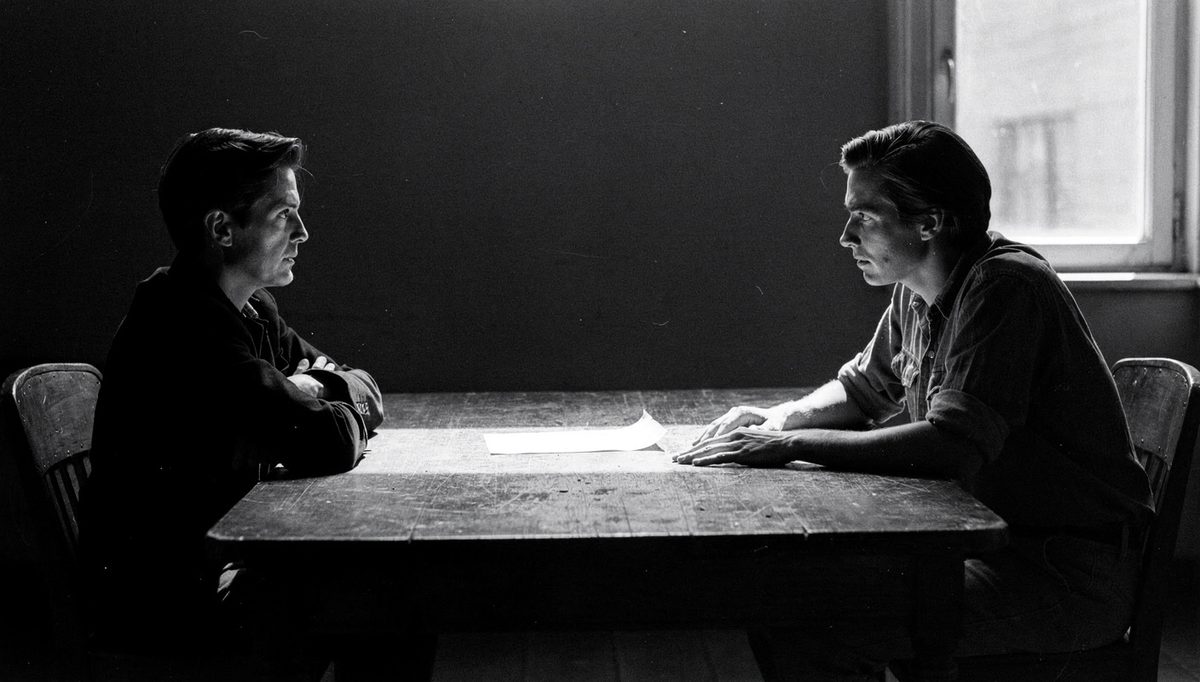 Two people facing off across table, negotiate conflict resolution