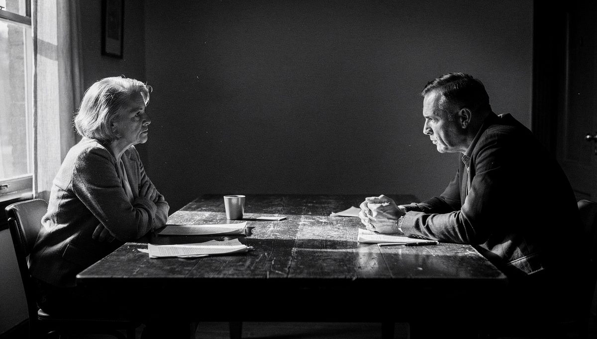 Two people negotiating personal conflict across a narrow table